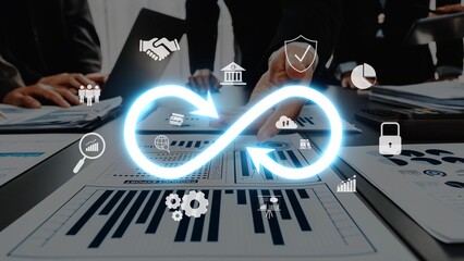 Engaging visual representation of modern business workflow featuring infographic icons, illustrating teamwork and continuous improvement in a professional office setting. Raster