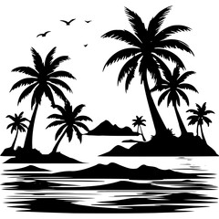 Silhouette tropical island palm trees beach vacation summer paradise scene