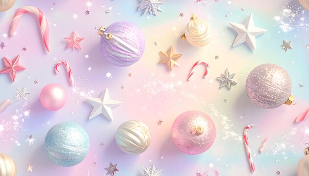 Festive Holiday Pattern with Pastel Ornaments, Sparkles, Candy Canes and Stars — Seamless Premium Texture with Soft Vignette Glow