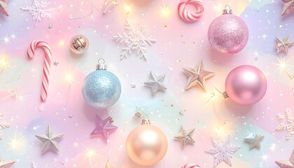 Festive Holiday Pattern with Pastel Ornaments, Sparkles, Candy Canes and Stars — Seamless Premium Texture with Soft Vignette Glow