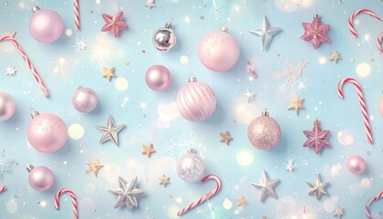Festive Holiday Pattern with Pastel Ornaments, Sparkles, Candy Canes and Stars — Seamless Premium Texture with Soft Vignette Glow