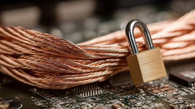 A brass padlock secured around copper wires over a circuit board symbolizes hardware encryption, physical data security and safe digital infrastructure.

