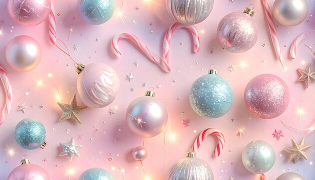 Festive Holiday Pattern with Pastel Ornaments, Sparkles, Candy Canes and Stars — Seamless Premium Texture with Soft Vignette Glow