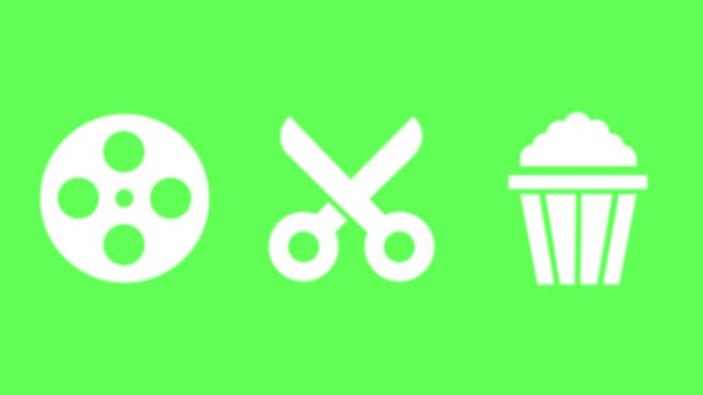 Movie night icons film reel, scissors, and popcorn for cinema concept