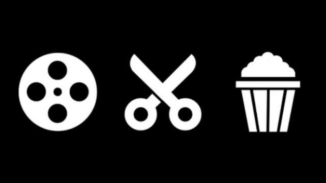 Movie night icons film reel, scissors, and popcorn for cinema concept