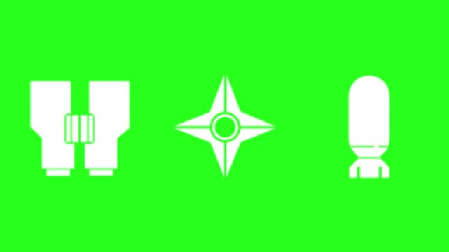 Binoculars, shuriken, and bomb icons for spy games or military designs