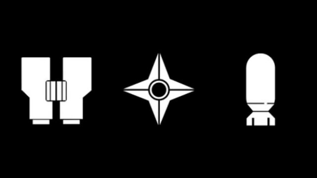 Binoculars, shuriken, and bomb icons for spy games or military designs