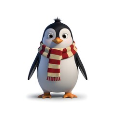 Cute penguin wearing red scarf and hat, standing happily. Adorable winter Christmas animal for holiday cards, decorations or festive illustrations