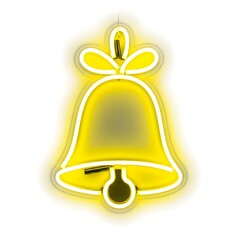 Bright yellow neon bell glowing, isolated on white. Vibrant Christmas symbol for holiday lights, festive decorations or seasonal greeting cards.