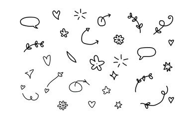 Cute hand drawn doodle elements set with hearts stars arrows flowers and speech bubbles