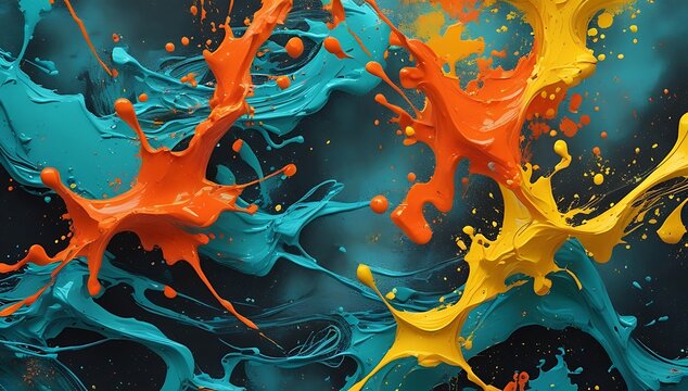 Dynamic vibrant paint splashes in teal, orange, and yellow hues creating an energetic and captivating abstract fluid art grainy  background.