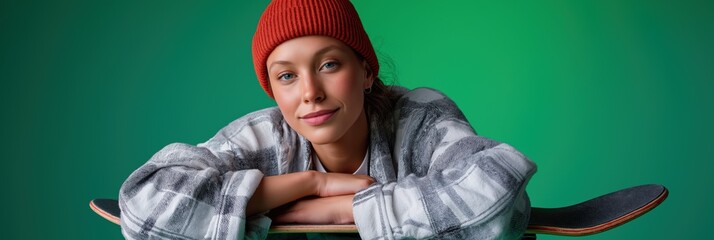 Young caucasian female skateboarder posing with red beanie and plaid shirt on green background