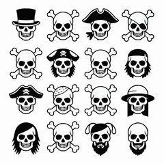 Set of 16 Skull and Crossbones Icons: Varied Pirate and Stylized Heads
