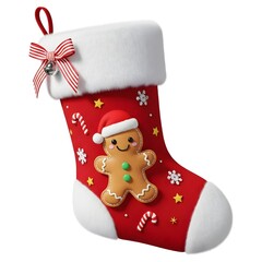 Red Christmas stocking filled with candy cane and gifts, festive holiday decoration perfect for gift-giving themes and traditional seasonal cards.