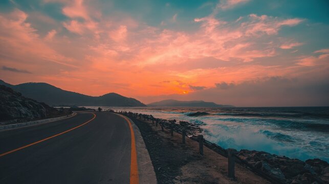 coastal road along the sea, waves crashing nearby, sunset colors, cinematic and immersive, dreamy and uplifting, evokes travel, adventure