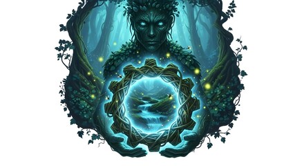 Mystical nature spirit holding a glowing gear portal showing a vibrant river landscape, fantasy art concept