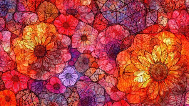 Colorful mosaic background with blooming fractal patterns, complex geometry, vivid tiles, shimmering reflections, high resolution, artistic and rare