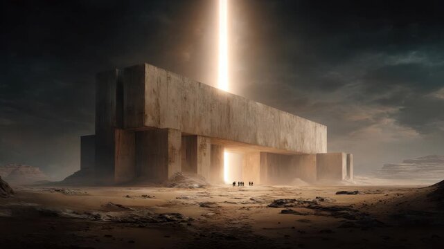 Mysterious abstract monolithic structure with beam of light in desert landscape