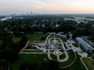 Sunrise aerial of the gardens and conservatory at Garfield Park - Indianapolis, Indiana