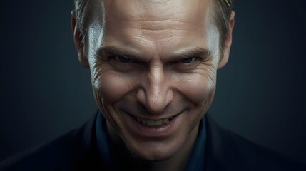 Sinister Smile: A close-up shot of a man's face, a chilling smirk etched across his features, reveals a hint of malevolence and dark intent.