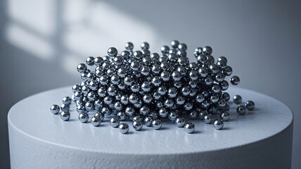 Cluster of tiny shiny silver metallic spheres on a smooth white pedestal
