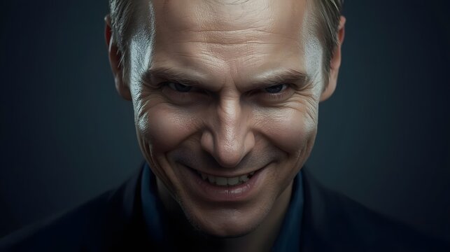 Sinister Smile: A close-up shot of a man's face, a chilling smirk etched across his features, reveals a hint of malevolence and dark intent.