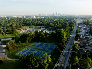 Sunrise aerial of the tennis courts at Garfield Park - Indianapolis, Indiana