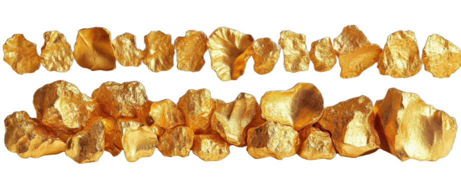 Close-up view of various gold nuggets with different shapes and sizes