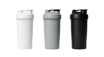 Three protein shaker bottles in white gray and black color