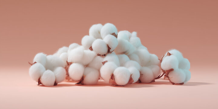 A pile of soft white cotton bolls on a pastel pink background - Powered by Adobe