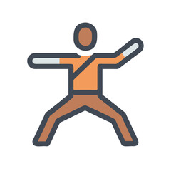 Stylized figure in martial arts pose, isolated on black background for athletic design