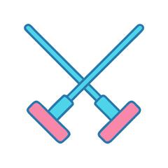 Two crossing light blue rackets with pink heads on a black background