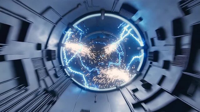 an intense pov shot zooming through a futuristic blue metal pipe tunnel with bright sparks