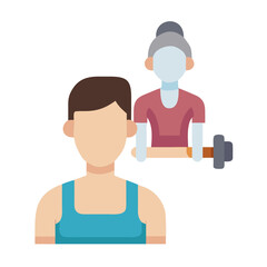 Flat illustration depicting a young man and an elderly woman lifting weight