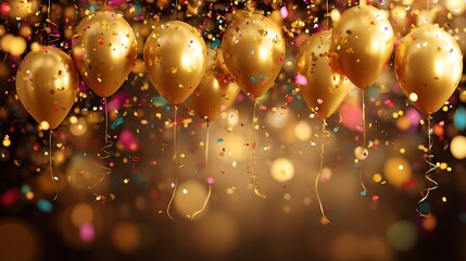 Golden balloons and confetti create a festive atmosphere perfect for celebrations parties and special events adding a touch of elegance and joy