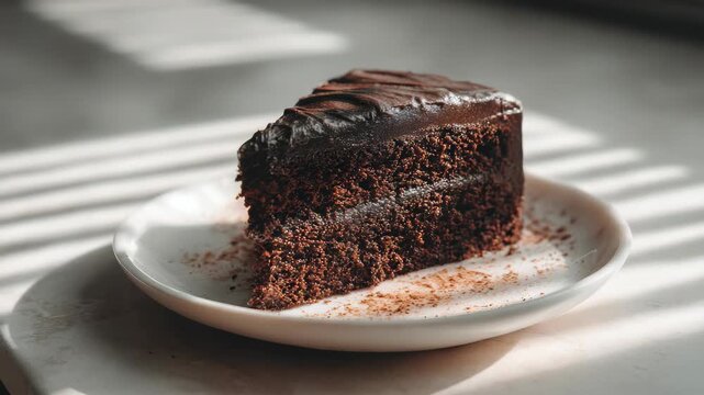 Rich chocolate cake slice with cocoa dusting on ceramic plate
