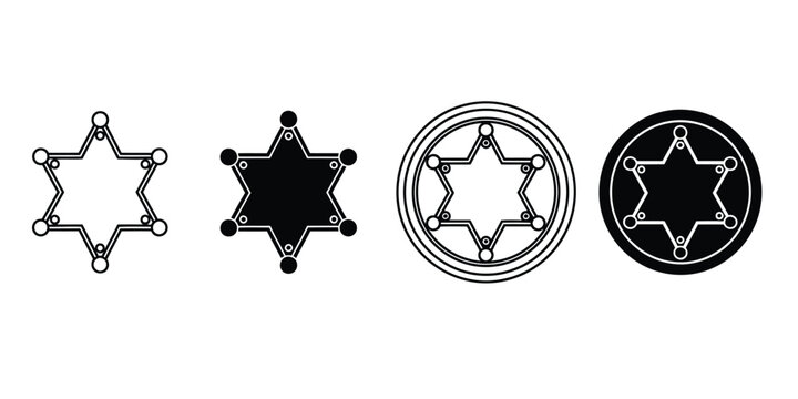 Sheriff star badge collection in black and white outlines and silhouettes