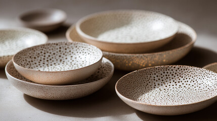 Ai Unique handcrafted ceramic bowls arranged in a sophisticated display on a textured surface
