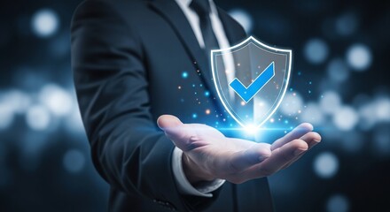 Businessman in a suit holding a glowing blue security shield with a checkmark icon, symbolizing cyber protection, data safety, quality assurance, and trusted digital solutions