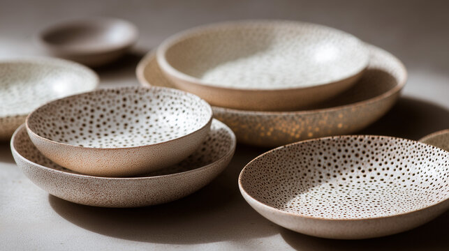 Ai Unique handcrafted ceramic bowls arranged in a sophisticated display on a textured surface - Powered by Adobe