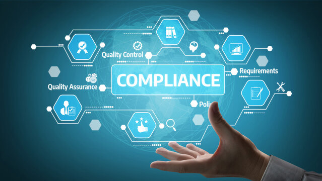 Visualize compliance with this engaging concept showcasing quality control and assurance, featuring hand gestures and modern technological icons. Perfect for business themes. Tessel