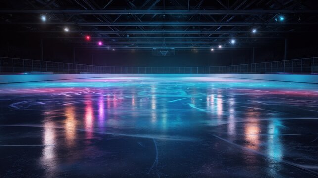 Empty ice arena with neon colored lines on ice forming abstract patterns, reflective surface, dark background, futuristic design, minimalistic yet