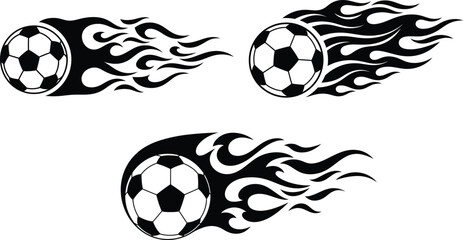 Dynamic illustration of three black and white soccer balls with fiery flames trailing behind them conveying speed power and intense action on a clean white background