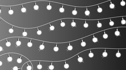 White glowing string light bulbs hanging on curved cables with soft sparkle effects against a smooth grey gradient background