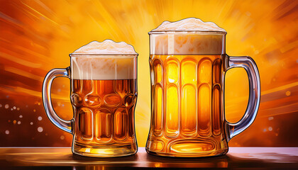 Illustrated Beer Mugs With Frothy Tops On Vibrant Backgrounds