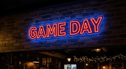 Game Day Neon Sign Glowing on Brick Wall Bar Interior Decoration