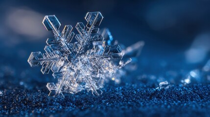 extreme macro of a single ice crystal snowflake on a cold navy blue surface hyper detailed geometric structure icy sparkle