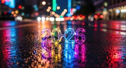 2026 Party Glasses Lying on Wet Asphalt Street with Neon Reflections