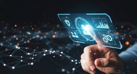 Hand interacting with a glowing blue futuristic holographic interface, showcasing digital security, data protection, and innovation