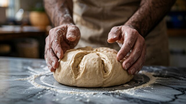 Baker hands scoring large round mound of fresh bread dough on marble